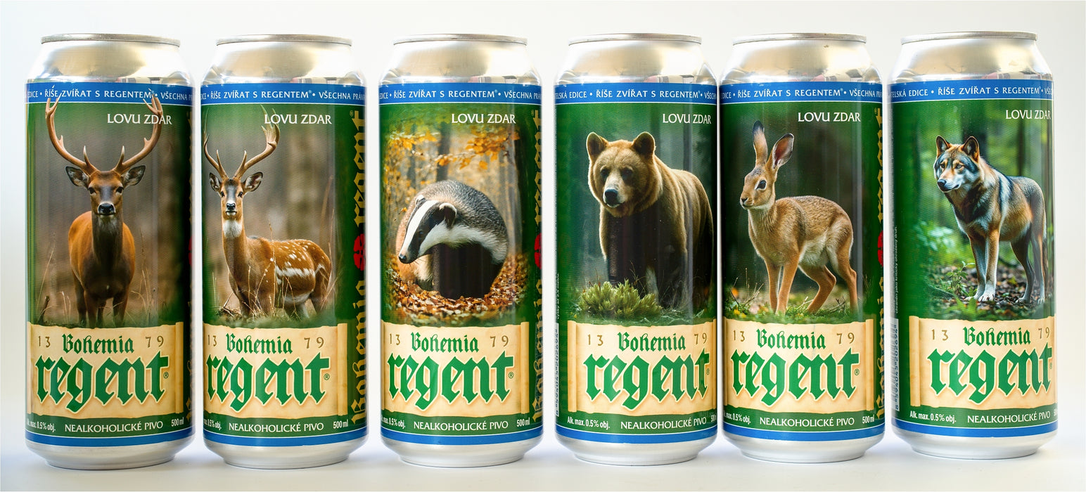 NEALKO Dárkové balení piv - Myslivecká říše I. :  Jezevec lesní, Medvěd hnědý, Zajíc polní, Jelen evropský, Daněk skvrnitý a Vlk obecný