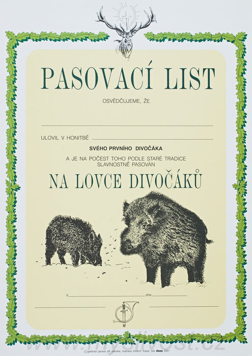 Pasovací list na lovce divočáků